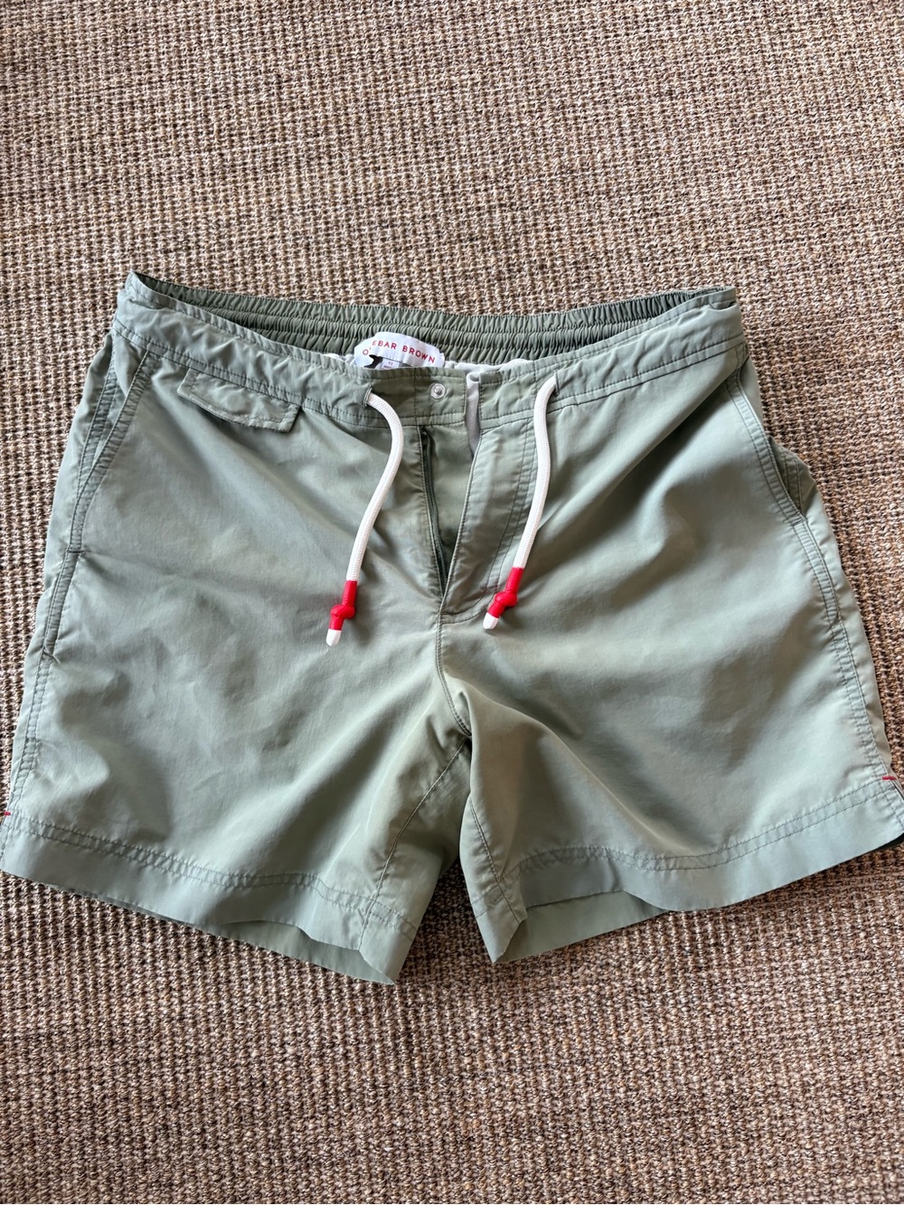 Orlebar Brown Men’s Olive Green Swim Trunks with White Drawcord and Red Accents
